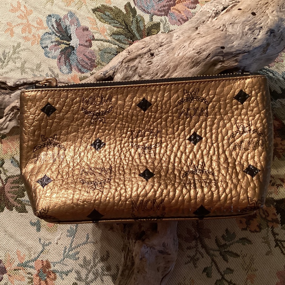 New MCM Metallic Gold Black Logo Pouch